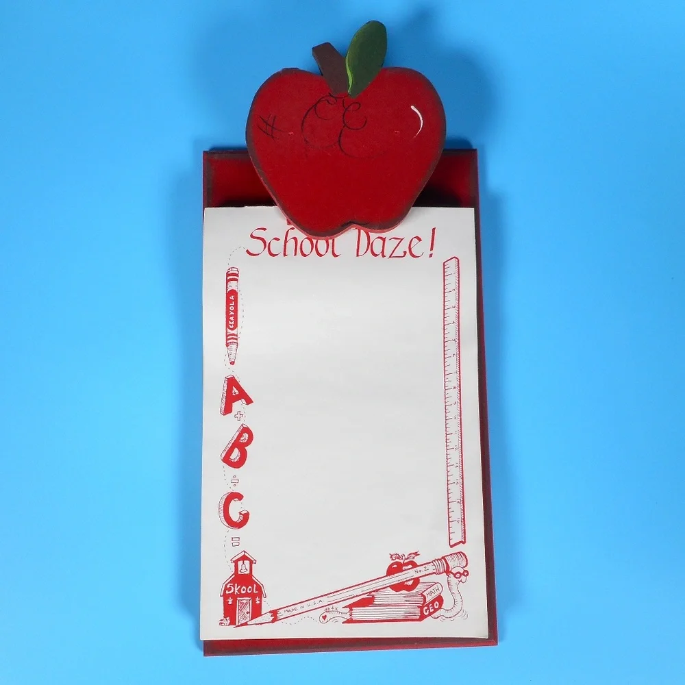 Vintage Red Apple Wood Clipboard Handmade Office Granny Core Teacher Craft w Pad